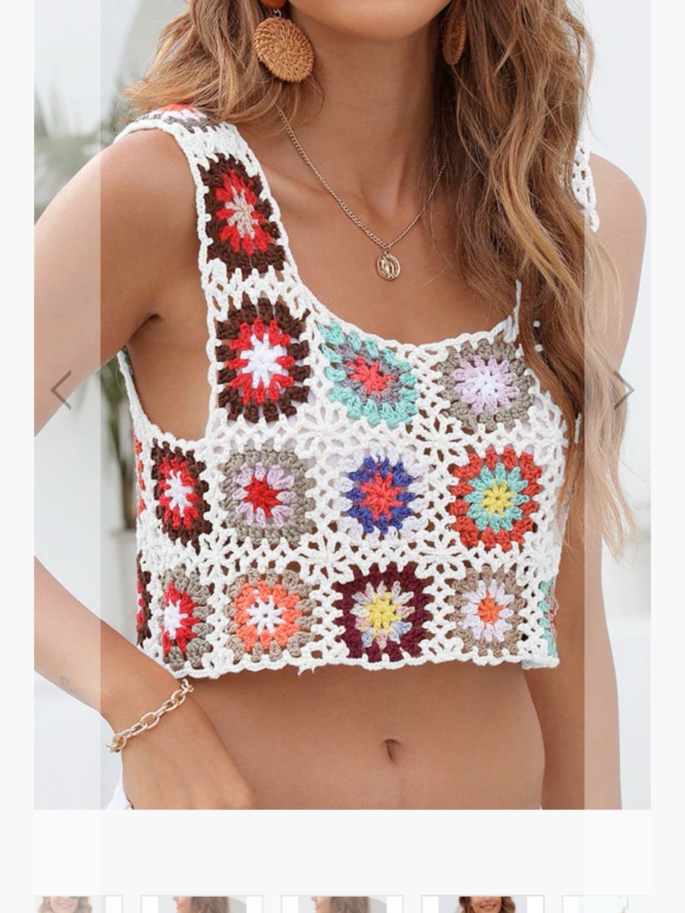 Crochet Square Floral Crop Tank Top - White Multi